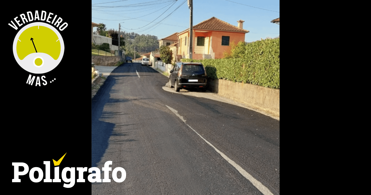 Esta estrada no concelho de Santo Tirso foi alcatroada à volta de um carro estacionado na berma? [Verdadeiro, mas]