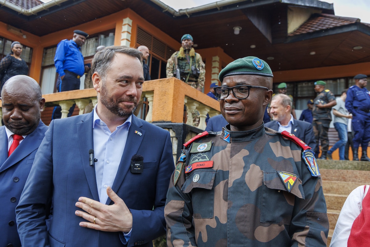 Vice-prime minister and Minister of Foreign Affairs Maxime Prevot (2L) and North Kivu military governor general major Evariste Somo Kakule pictured during a meeting with North Kivu province's governor, in Beni, DRC Congo, Tuesday 29 April 2025. Belgian minister Prevot is on a diplomatic mission to East and Central Africa from 25 to 29 April to contribute to a lasting solution to the conflict in the East of the Democratic Republic of Congo. He will visit Uganda, Burundi and the Democratic Republic of Congo. BELGA PHOTO NICOLAS MAETERLINCK