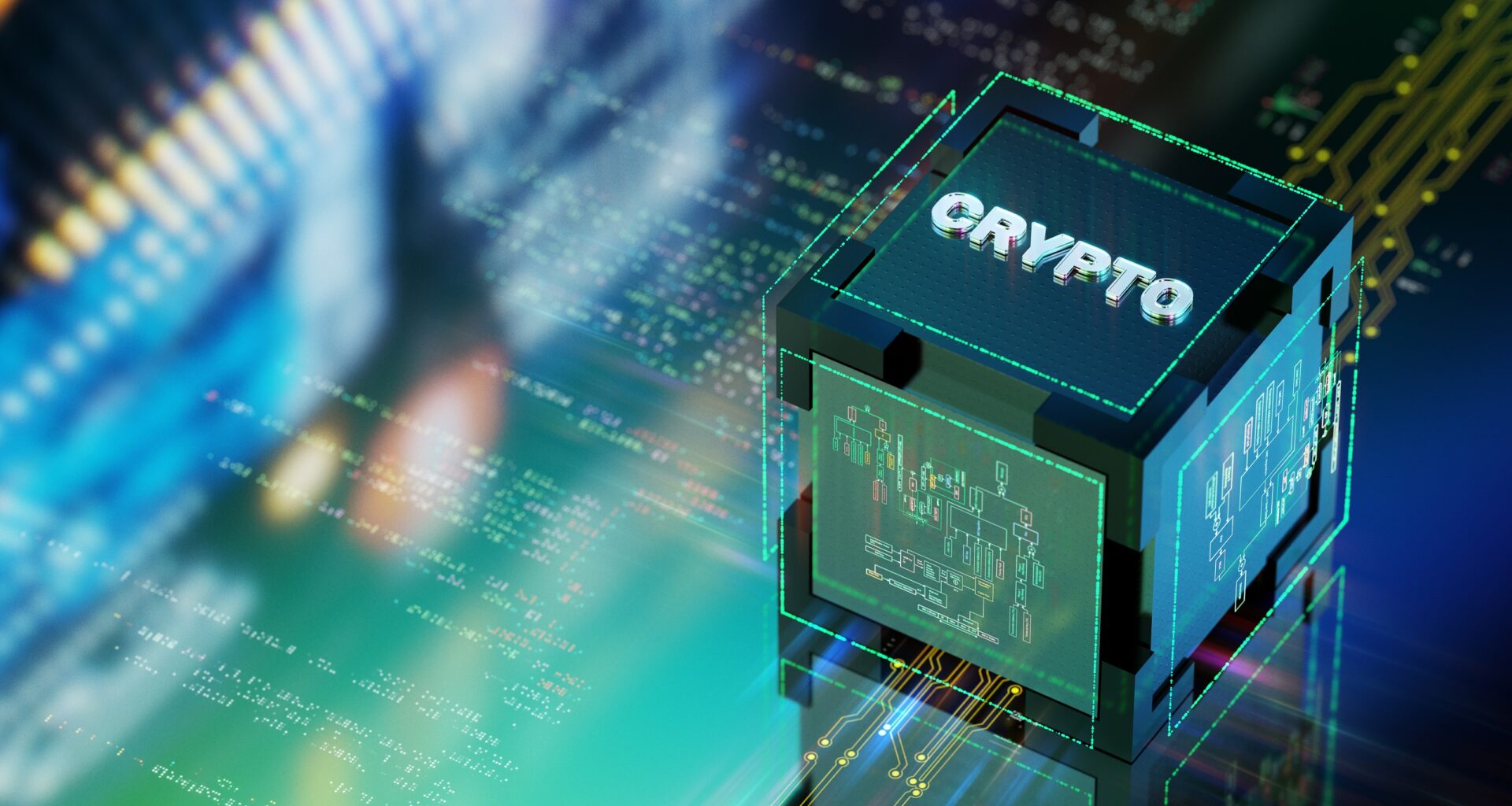 The word crypto sits on a digital block against a digital background.