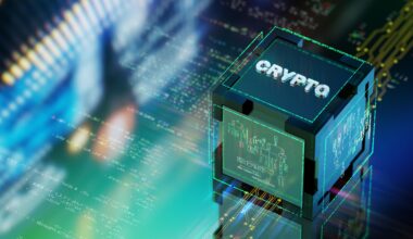 The word crypto sits on a digital block against a digital background.