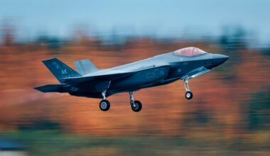 A F-35 Lightning lll assigned to the 354th Fighter Wing takes off from Eielson Air Force Base, Alaska September 19, 2024. The F-35 was participating in a multiple aircraft exercise for the 354th FW. (U.S. Air Force Photo by Senior Sean Lamb)