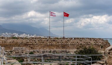 Flags of Turkey and Northern Cyprus on Kyrenia castle.
