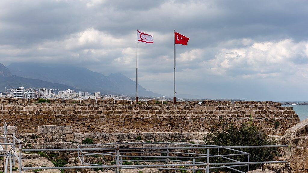 Flags of Turkey and Northern Cyprus on Kyrenia castle.