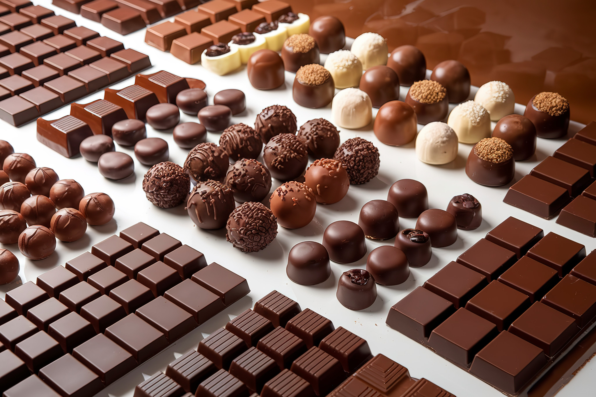 Un assortiment varié de chocolats présentés sur une surface blanche, comprenant des truffes, des pralines et des carrés de chocolat.