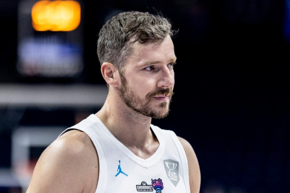 Goran Dragic of Slovenia looks on during the FIBA EuroBasket 2022 quarterfinal match between Slovenia v Poland at EuroBasket Arena Berlin.