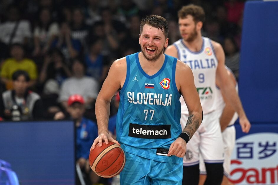LA Lakers and Slovenia's Luka Doncic reacts during the FIBA Basketball World Cup final classification 7-8 match between Italy and Slovenia in Manila on September 9, 2023.