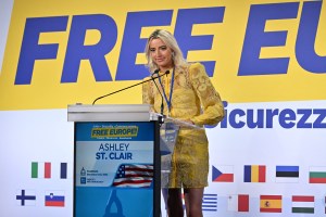 US author Ashley St. Clair, delivers a speech during a convention of the European Parliament leaders of Identity and Democracy group (ID), on December 3, 2023 at the Fortezza da Basso in Florence. The convention organized by Italian deputy Prime Minister Matteo Salvini launches the Northern League campaign for the European elections. ID group has MEPs from eight countries, with the majority coming from Italy's Lega party, the Rassemblement National in France and Germany's AfD. (Photo by Andreas SOLARO / AFP) (Photo by ANDREAS SOLARO/AFP via Getty Images)
