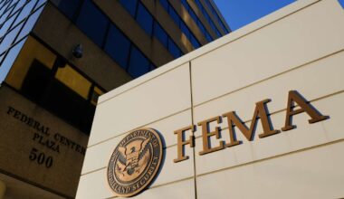 A sign marks the location of the Federal Emergency Management Agency (FEMA) headquarters building on June 20, 2025, in Washington, D.C.