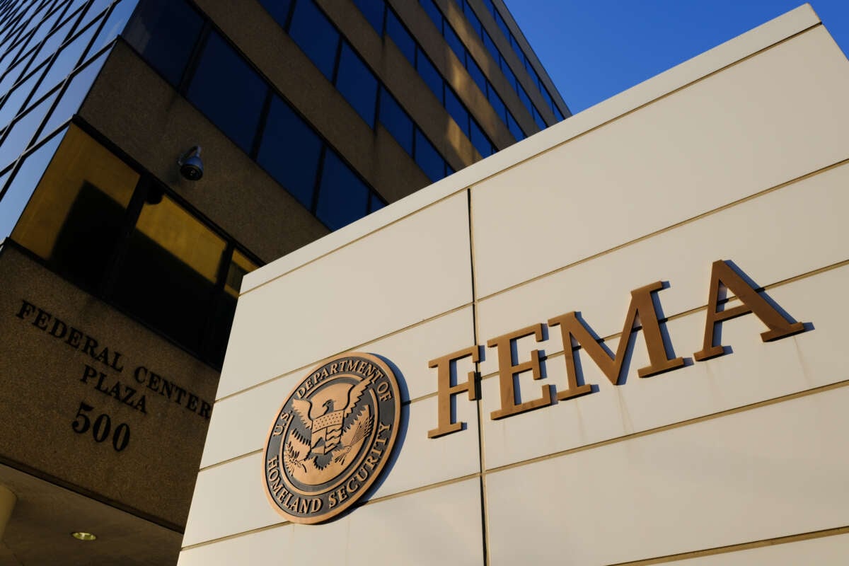 A sign marks the location of the Federal Emergency Management Agency (FEMA) headquarters building on June 20, 2025, in Washington, D.C.