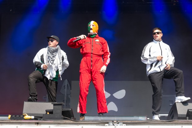Kneecap perform at the Glastonbury festival in England on June 28. 