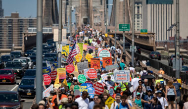 Activists march across the Brooklyn Bridge to demand that Gov. Kathy Hochul stop the construction of the Williams pipeline in New York. Credit: Michael Nigro/Pacific Press/LightRocket via Getty Images