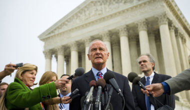 Then Massachusetts Attorney General Tom Reilly speaks to reporters outside the U.S. Supreme Court on Nov. 29, 2006, as states argued against the EPA’s inaction on global warming. Credit: Brendan Smialowski/Getty Images