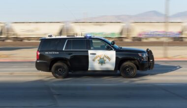 Mojave, California, USA: California Highway Patrol vehicle shown speeding down California State Route 14 in Kern County.