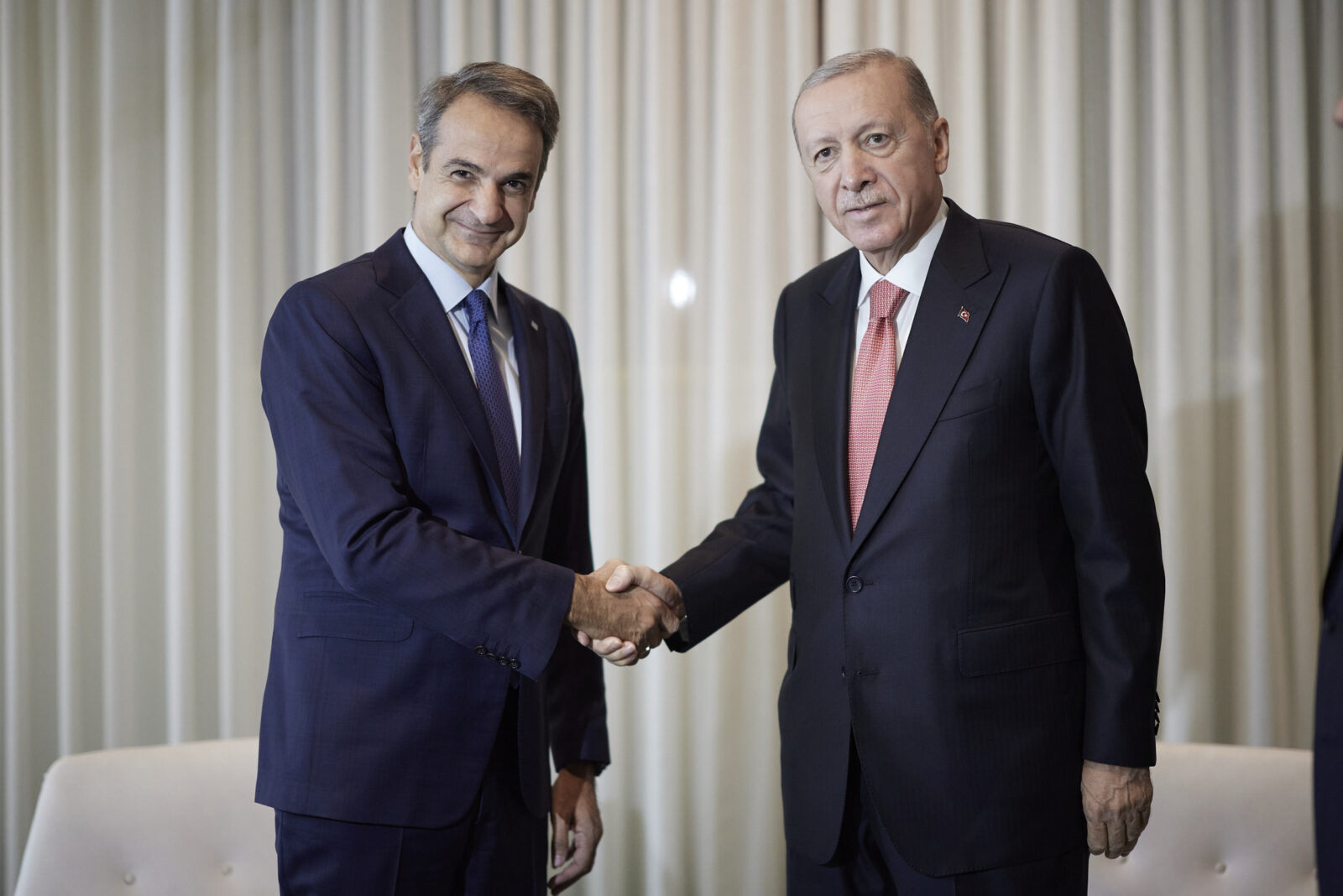President Recep Tayyip Erdogan and Greek Prime Minister Kyriakos Mitsotakis at U.N. Headquarters in New York, U.S., Sept. 24, 2024. (AA Photo)