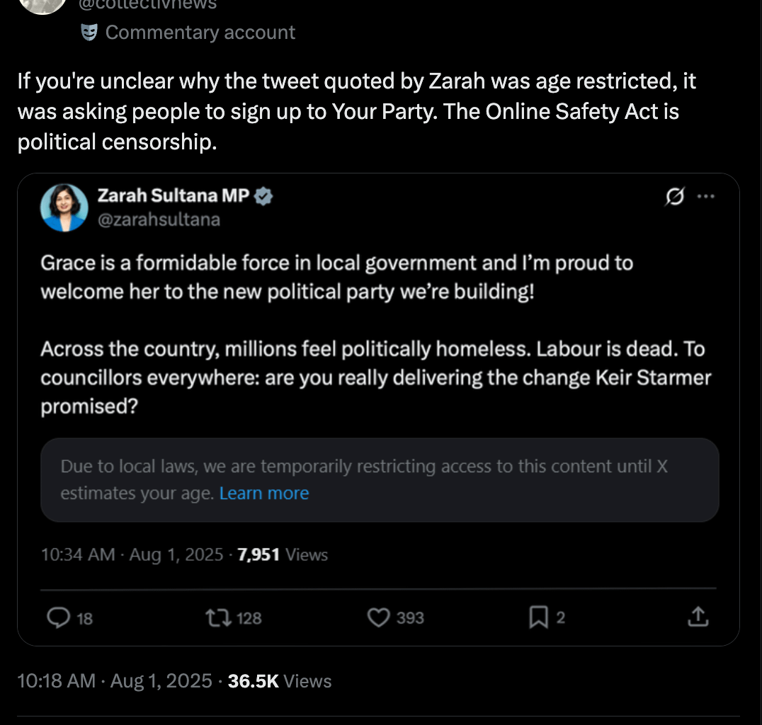 Keir Starmer's Labour gov. is now censoring signups for Corbyn's-Zarah's party.