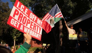 Residents gather during a community vigil on Monday, June 30, 2025, to stand in solidarity with an immigrant family after ICE agents detained Rosalina Luna Vargas on Saturday, June 28, in front of her children, in Pasadena, Calif. (AP Photo/Damian Dovarganes)