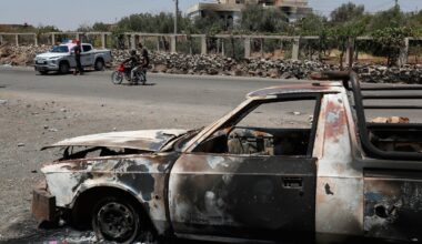 A Syrian security checkpoint as forces deployed in Mazraa village on the outskirts of Sweida city, in southern Syria, on July 20.