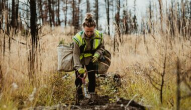 Woman in the woods with a spade.