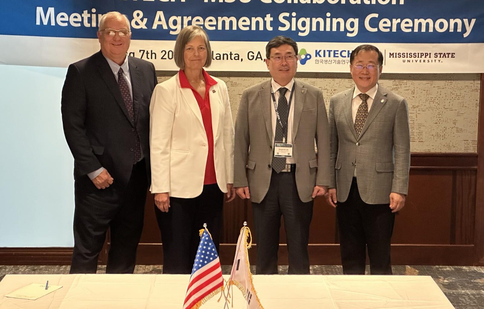 Pictured recently in Atlanta, from left, are MSU Center for Advanced Vehicular Systems Executive Director Clay Walden, MSU Vice President for Research and Economic Development Julie Jordan, KITECH President Sangmok Lee, and Tae-Hoon Choi, executive director of KITECH’s Research Institute of Intelligent Manufacturing and Materials Technology.