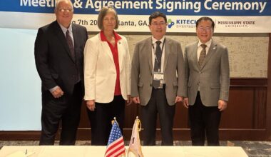 Pictured recently in Atlanta, from left, are MSU Center for Advanced Vehicular Systems Executive Director Clay Walden, MSU Vice President for Research and Economic Development Julie Jordan, KITECH President Sangmok Lee, and Tae-Hoon Choi, executive director of KITECH’s Research Institute of Intelligent Manufacturing and Materials Technology.