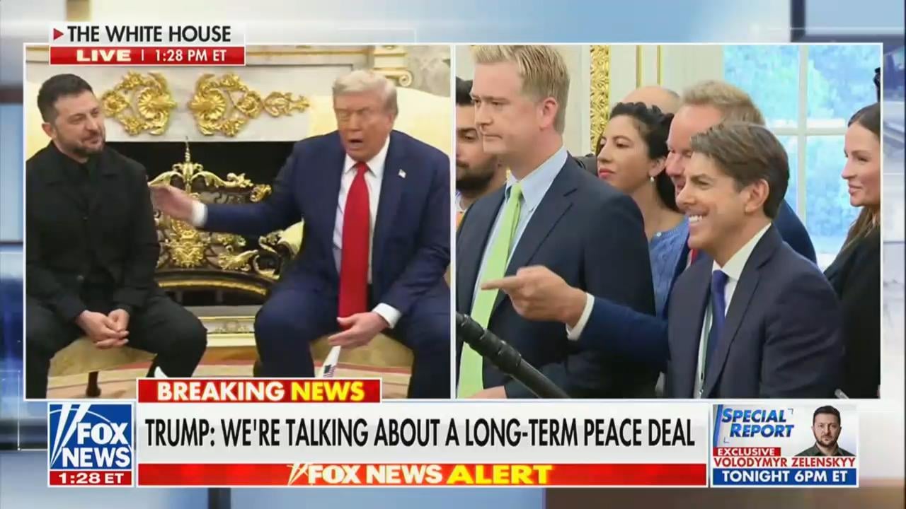 MAGA Host Who Attacked Zelensky’s T-Shirt Apologizes at Oval Office Presser With Trump