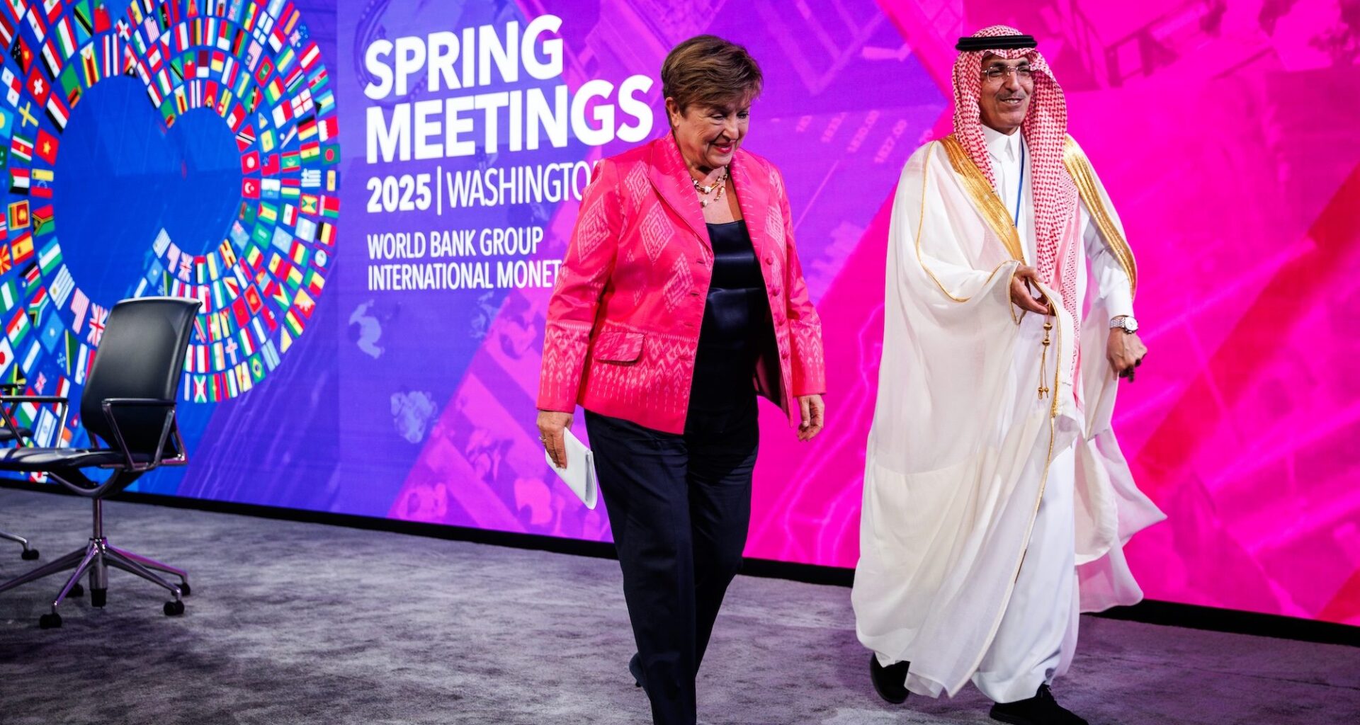 Kristalina Georgieva, managing director of the International Monetary Fund, and Mohammed Al-Jadaan, finance minister of Saudi Arabia and Chair of the International Monetary and Financial Committee (IMFC) at the 2025 International Monetary Fund and World Bank spring meetings in April