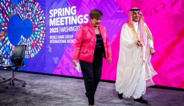Kristalina Georgieva, managing director of the International Monetary Fund, and Mohammed Al-Jadaan, finance minister of Saudi Arabia and Chair of the International Monetary and Financial Committee (IMFC) at the 2025 International Monetary Fund and World Bank spring meetings in April