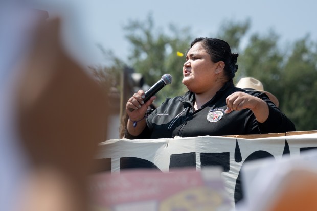 Councilmember Eunisses Hernandez addresses a rally at MacArthur Park on...