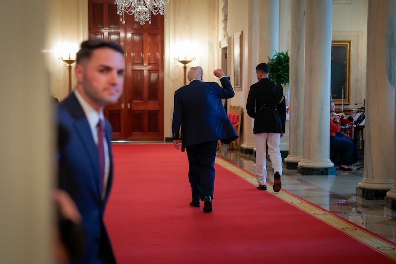 President Donald Trump departs an event to honor recipients of the Purple Heart in the East Room of the White House on August 07, 2025 in Washington, DC.
