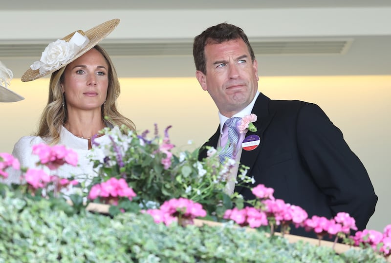ASCOT, ENGLAND - JUNE 17: Harriet Sperling and Peter Phillips smile as they attend day one of Royal Ascot at Ascot Racecourse on June 17, 2025 in Ascot, England.  (Photo by Chris Jackson/Getty Images)