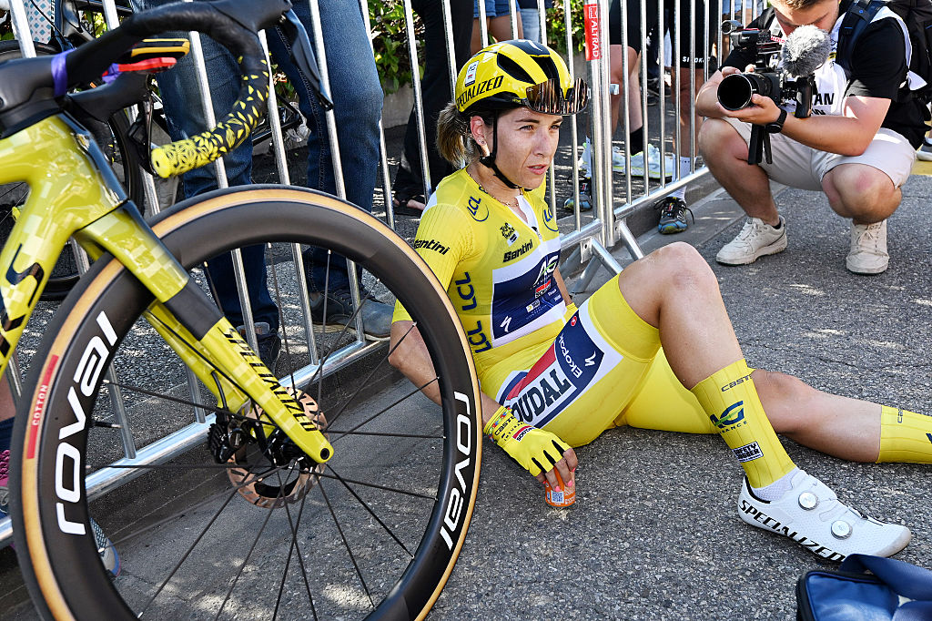 CHAMBERY, FRANCE - AUGUST 01: Kimberley Le Court Pienaar of Mauritius and Team AG Insurance - Soudal - Yellow Leader Jersey reacts after the 4th Tour de France Femmes 2025, Stage 7 a 159.7km stage from Bourg-en-Bresse to Chambery / #UCIWWT / on August 01, 2025 in Bourg-en-Bresse, France. (Photo by Tim de Waele/Getty Images)