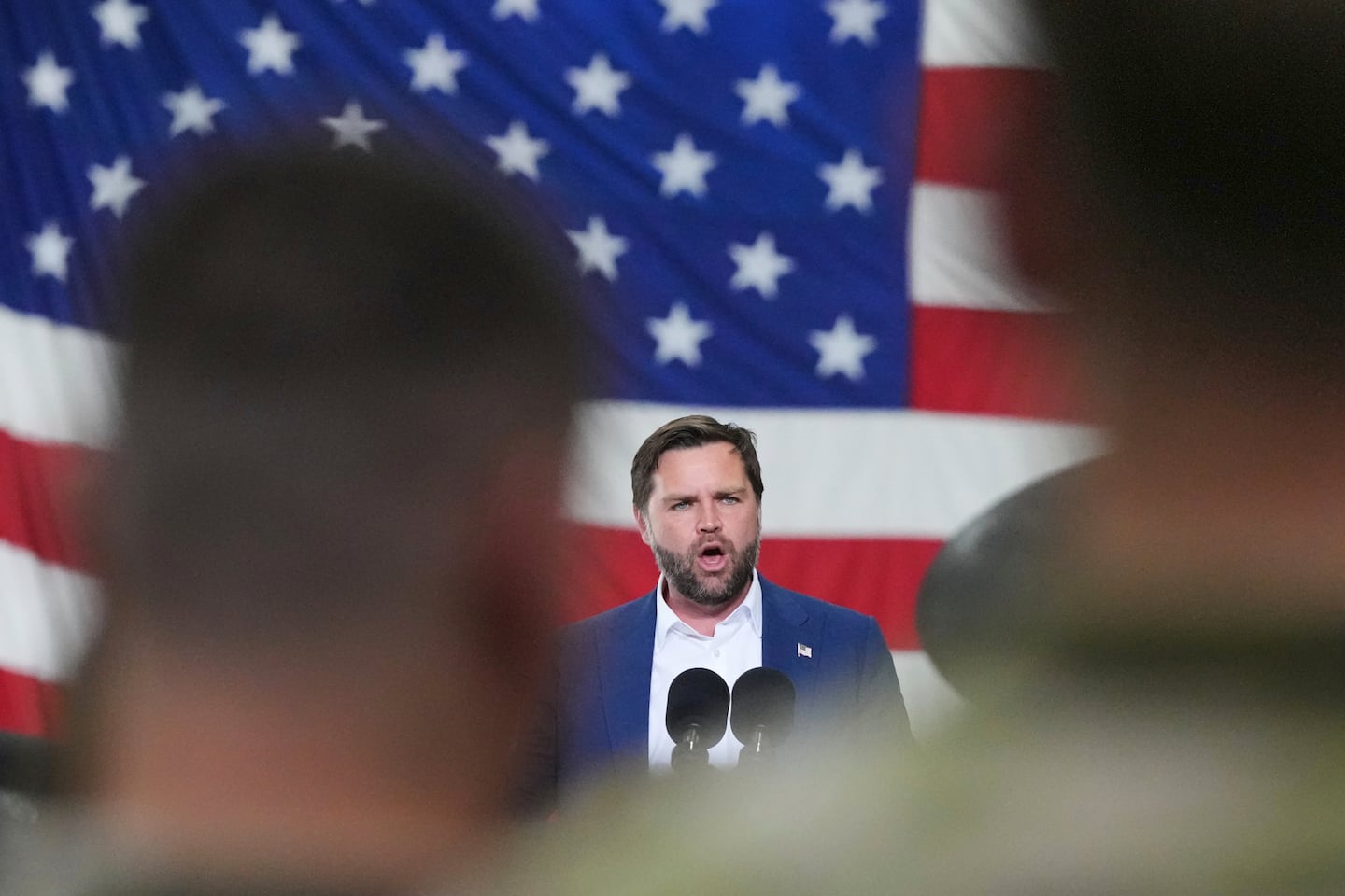 Vice President JD Vance speaks during a visit to airmen and family members of the 501st combat support wing at Royal Air Force Fairford in Gloucestershire, England, Wednesday, Aug. 13, 2025.
