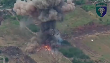 A Russian BM-21 Grad MLRS is destroyed in a catastrophic explosion by a FPV drone from the Ukrainian 38th Marine Brigade