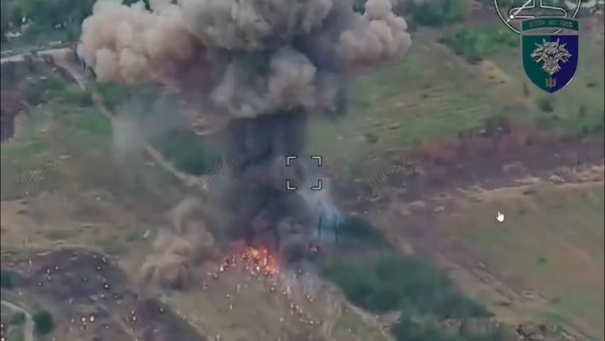 A Russian BM-21 Grad MLRS is destroyed in a catastrophic explosion by a FPV drone from the Ukrainian 38th Marine Brigade