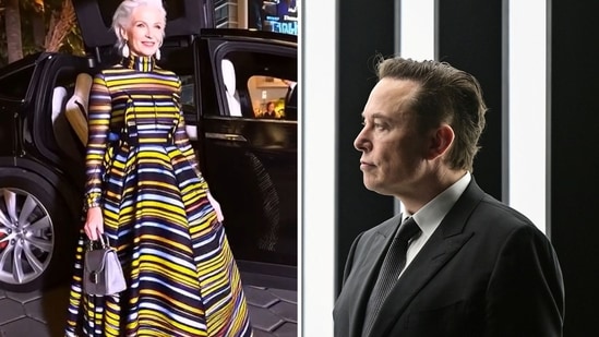 Snippet from AI video of Maye Musk created using Grok (L) and Elon Musk (R). (X/@mayemusk, Reuters)