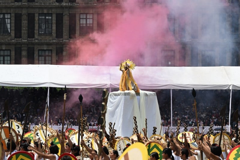 Mexican Army soldiers and actors perform during the celebration of the 700-year anniversary of Tenochtitlán’s founding in Mexico City on July 26.