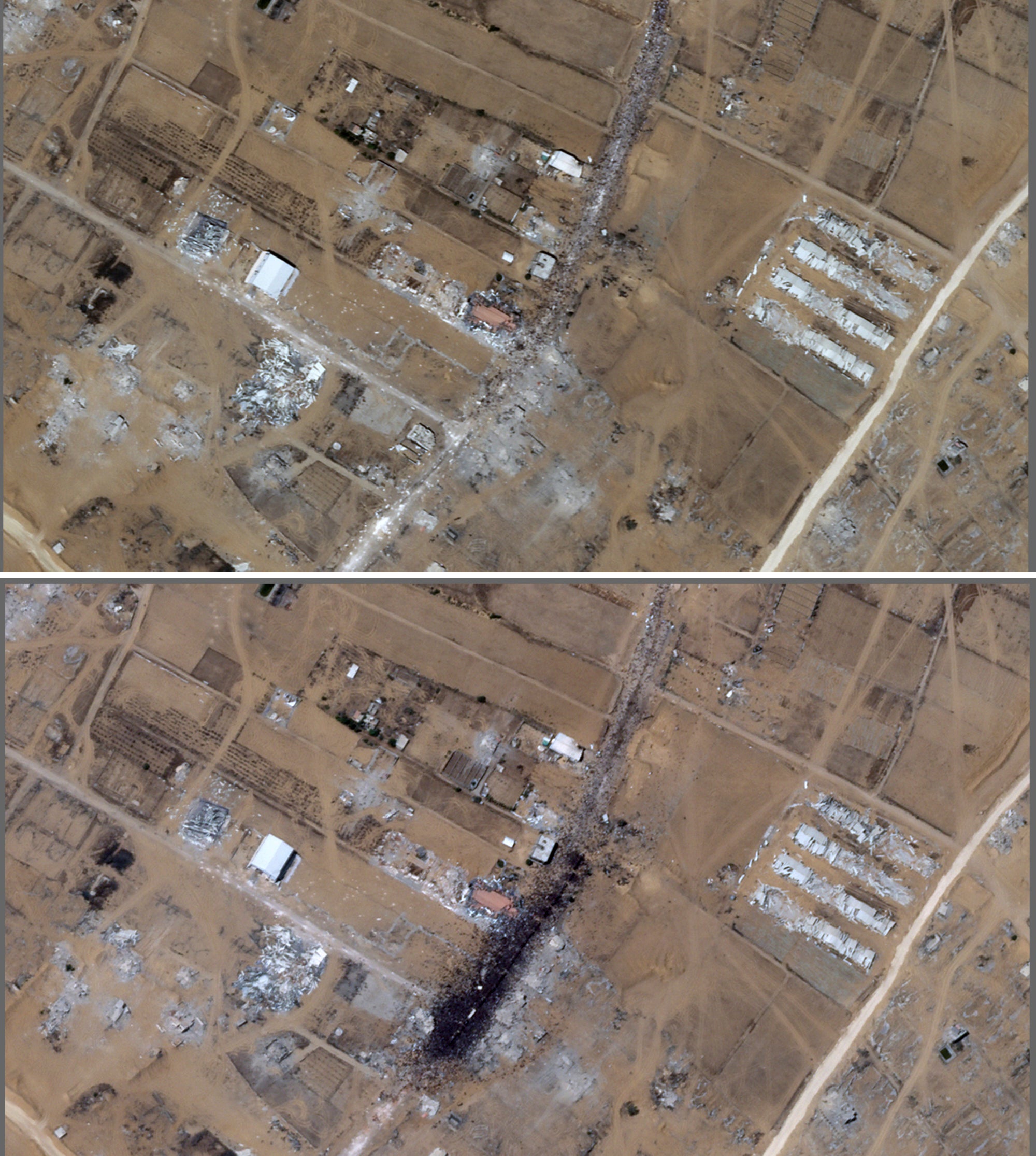 This combination of satellite images provided by Planet Labs PBC, shows an area in Khan Younis, Gaza Strip, before, top, and after, bottom, crowds of people surround an aid convoy, July 26, 2025