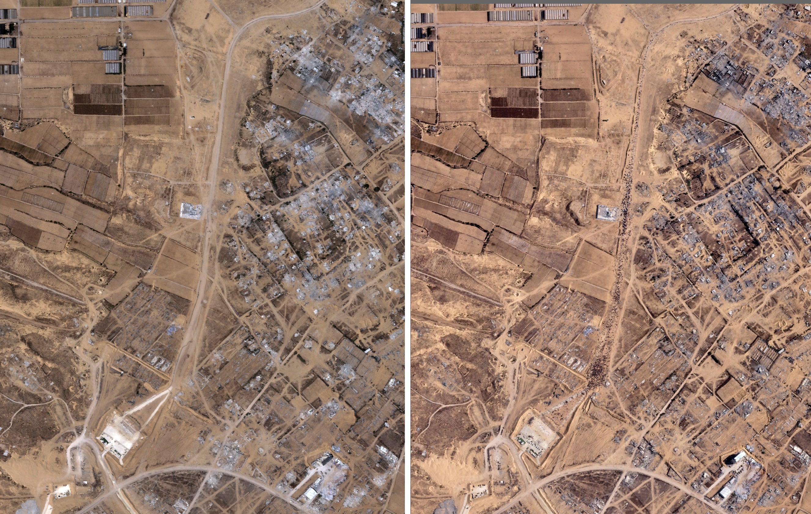 This combination of satellite images provided by Planet Labs PBC, shows an area in Khan Younis, Gaza Strip, before, top, and after, bottom, crowds of people surround an aid convoy, July 26, 2025