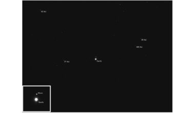 photo from deep space showing earth and the moon as two bright but small and distant dots