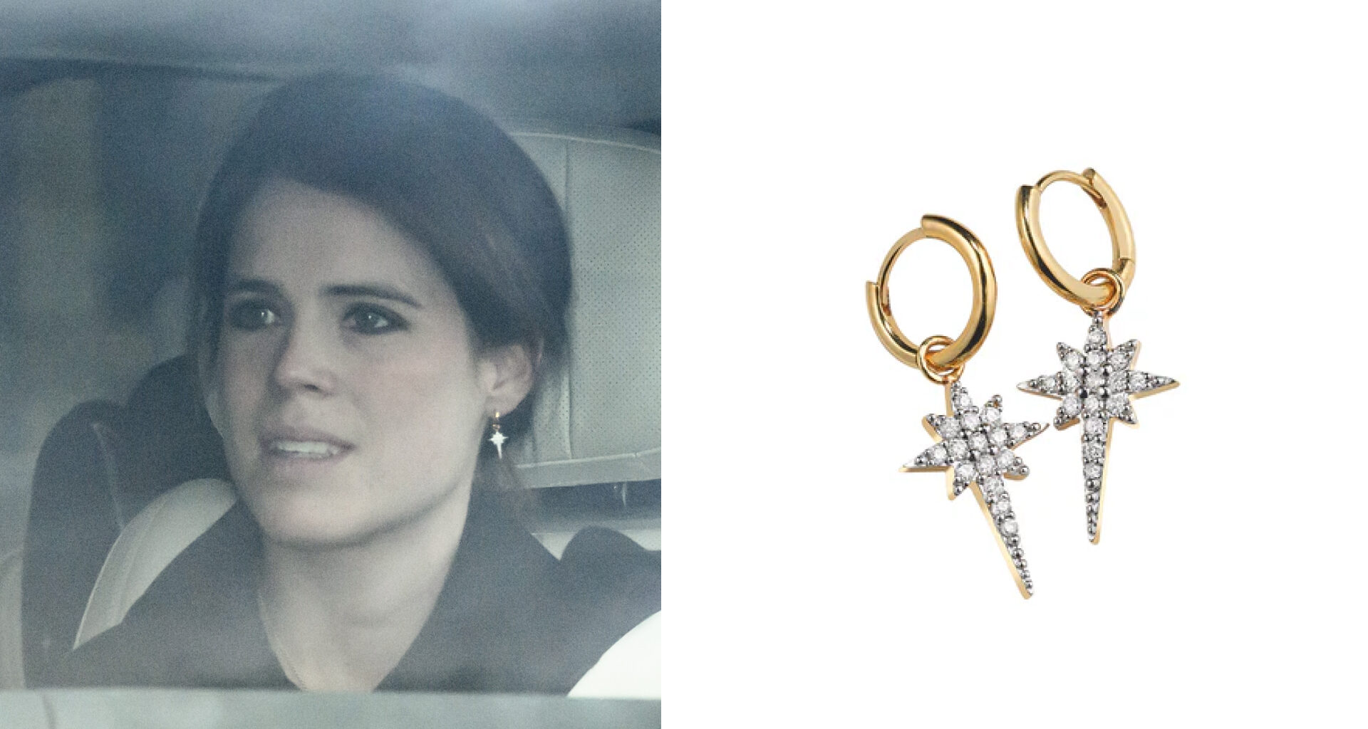 Princess Eugenie sitting in a car wearing a black coat and dangling earrings next to a picture of Sophie Lis Fallen Star hoop earrings