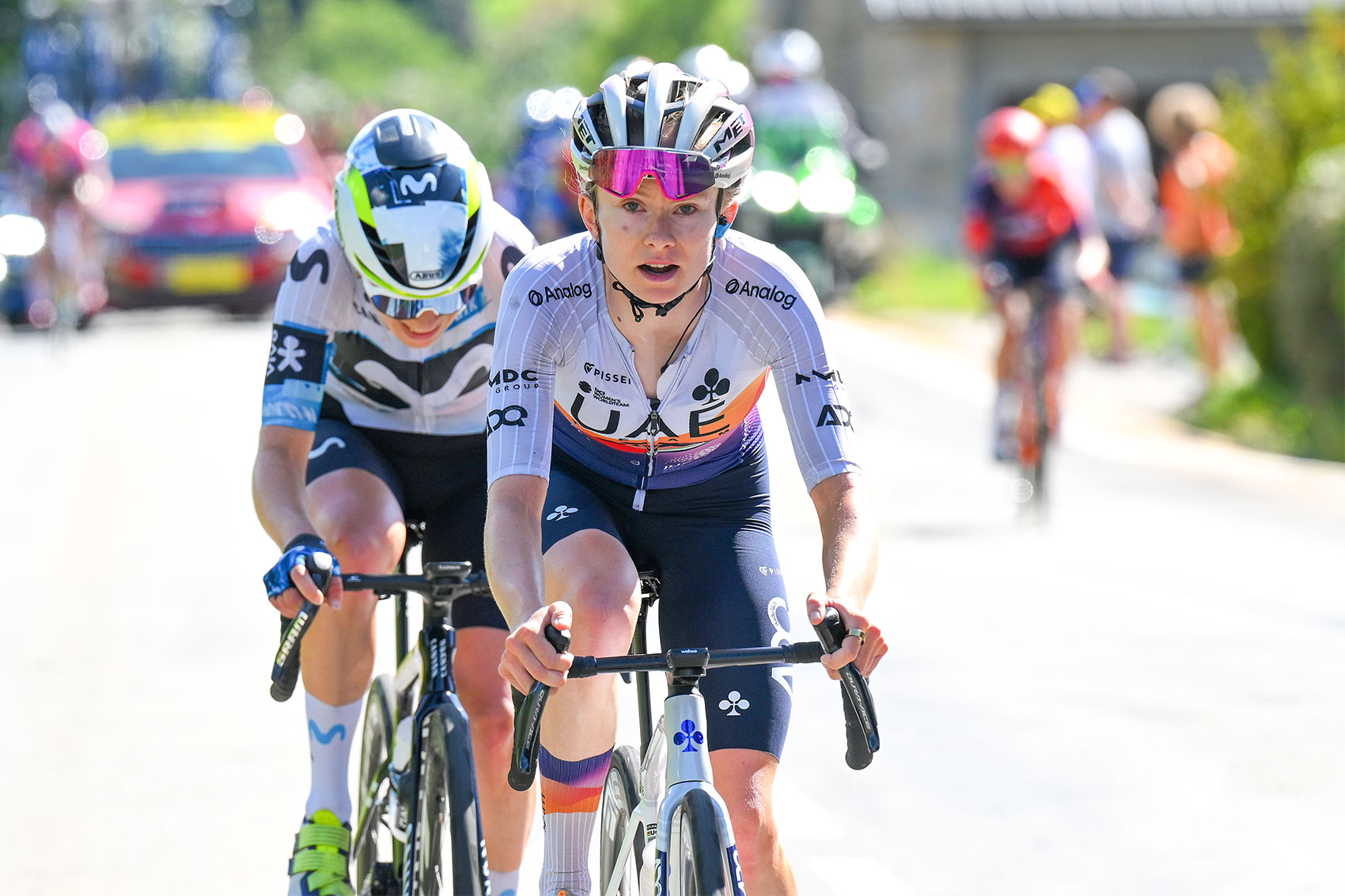 CHAMBERY, FRANCE - AUGUST 01: (L-R) Mareille Meijering of Netherlands and Team Movistar and stage winner Maeva Squiban of France and UAE Team ADQ attack in the breakaway during the 4th Tour de France Femmes 2025, Stage 7 a 159.7km stage from Bourg-en-Bresse to Chambery / #UCIWWT / on August 01, 2025 in Bourg-en-Bresse, France. (Photo by Tim de Waele/Getty Images)
