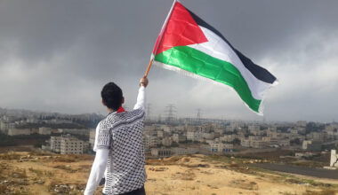 Man waving the Palestinian flag over Gaza