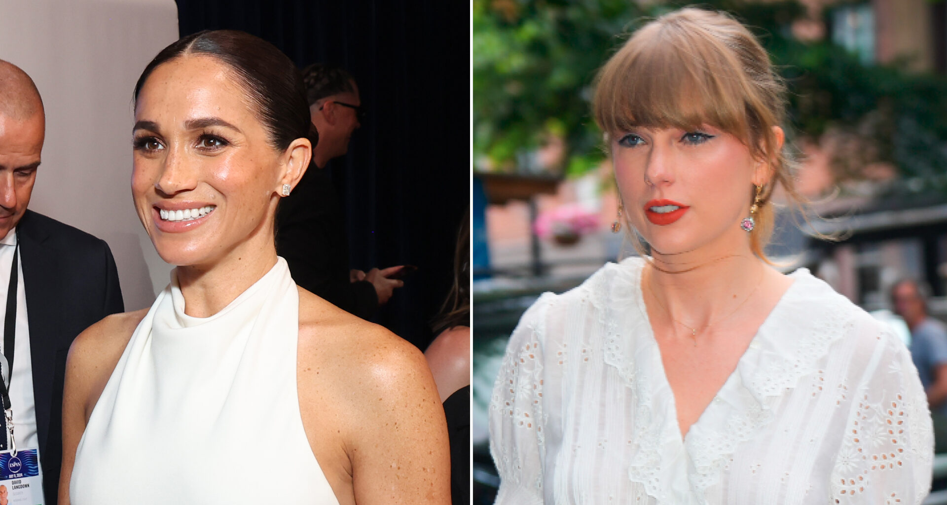 Meghan Markle wears a white halter dress and Taylor Swift wears a white Dôen top