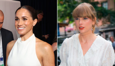 Meghan Markle wears a white halter dress and Taylor Swift wears a white Dôen top