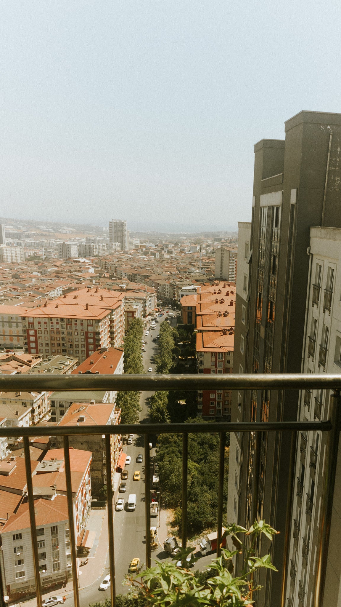 A view from a balcony overlooking a city with terracotta-roofed buildings and a tree-lined street, featuring parked cars and distant buildings against a hazy sky.