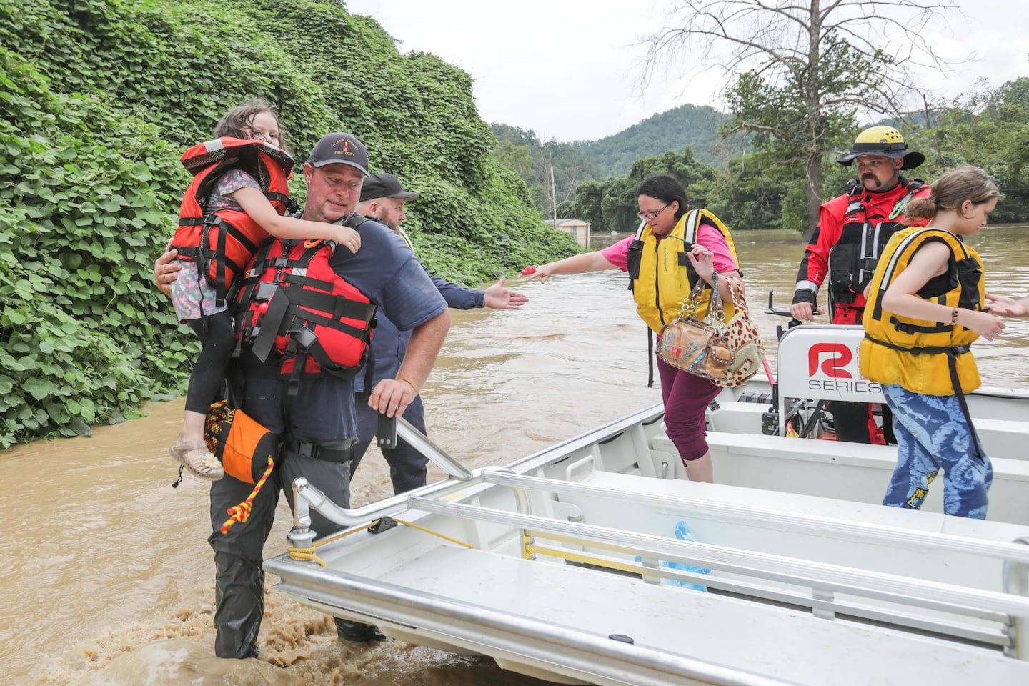 A group of stranded people were rescued from the flood waters of the North Fork of the Kentucky River in Jackson, Ky., on July 28, 2022. 