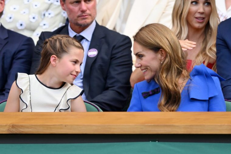 LONDON, ENGLAND - JULY 13: Princess Charlotte of Wales and Catherine, Princess of Wales attend day fourteen of the Wimbledon Tennis Championships at the All England Lawn Tennis and Croquet Club at All England Lawn Tennis and Croquet Club on July 13, 2025 in London, England. (Photo by Karwai Tang/WireImage)