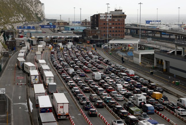 Cars queueing up at Port of Dover in Kent to board a ferry.