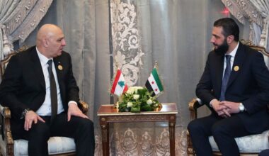 In this photo released by the Lebanese Presidency press office, Lebanese president Joseph Aoun, left, meets with Syria's interim President Ahmad al-Sharaa during the emergency Arab summit at Egypt's New Administrative Capital, just outside Cairo on March 4.