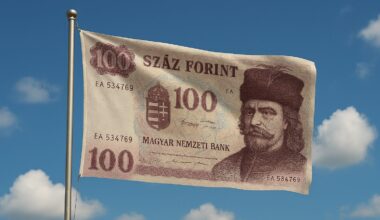 Hungarian 100-forint bill flying on flagpost